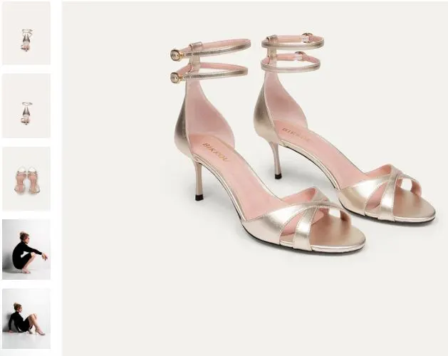  A display of Bikkou's vegan strappy heels in various colours and poses, showcasing their summer lunch appeal.