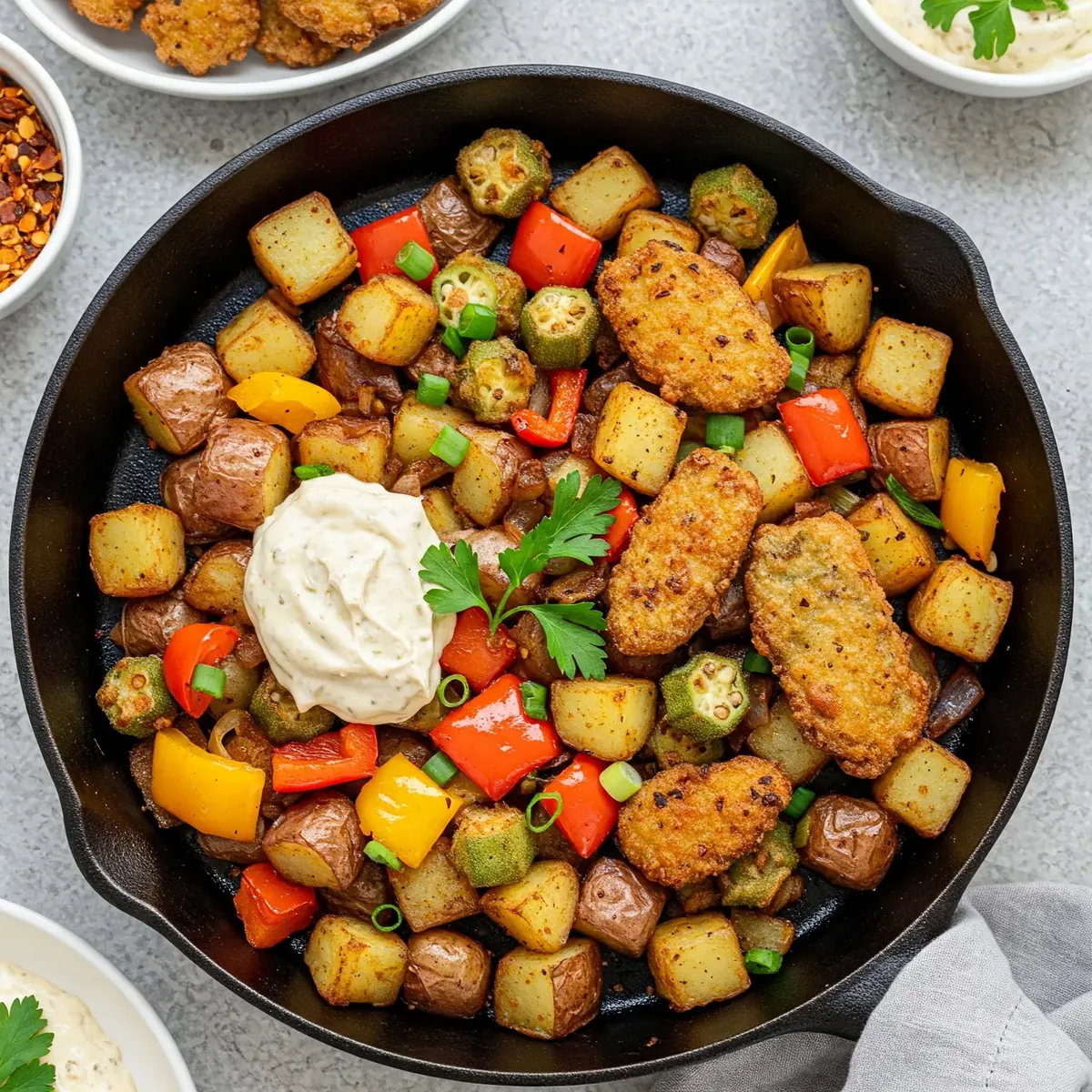A skillet brimming with spicy Cajun hash on grits, accompanied by a bowl of rich sauce for a delightful Valentine's Day meal.